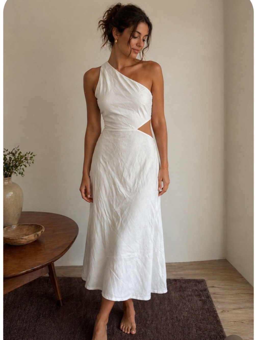 Runaway the Label One-Shoulder White Midi Dress with Side Cutout